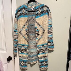 Chic Tribal Pattern Cardigan duster - Blue and Cream - super soft - oversized S